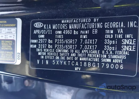2011 Kia Sorento Lx from USA, damaged, VIN 5XYKTCA18BG179006